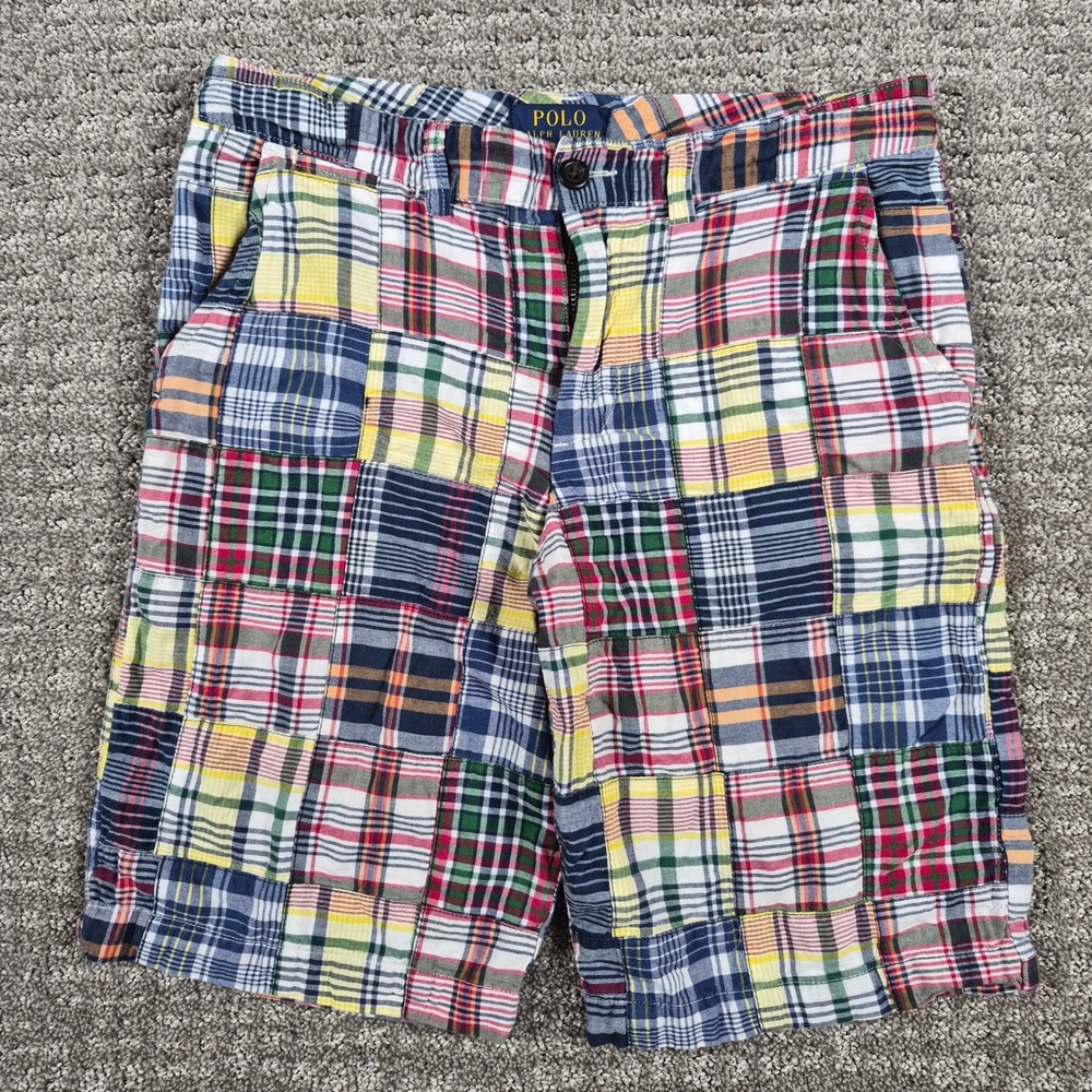 Polo Ralph Lauren Shorts Boys 14 Multicolor Patchwork Madras Plaid Preppy Cotton